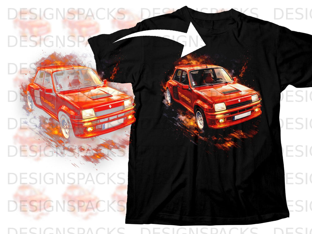 Black t-shirt with graphic of a red turbo car engulfed in flames.