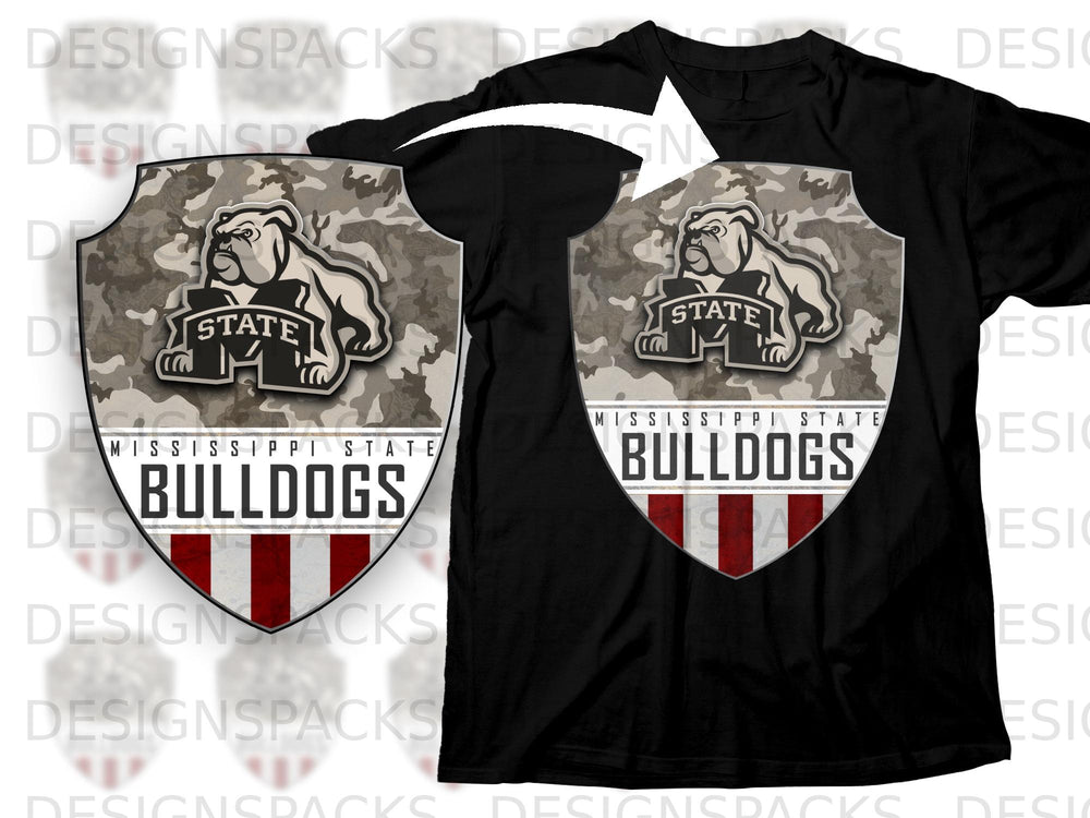 Mississippi State Bulldogs shield graphic with bulldog on black t-shirt.