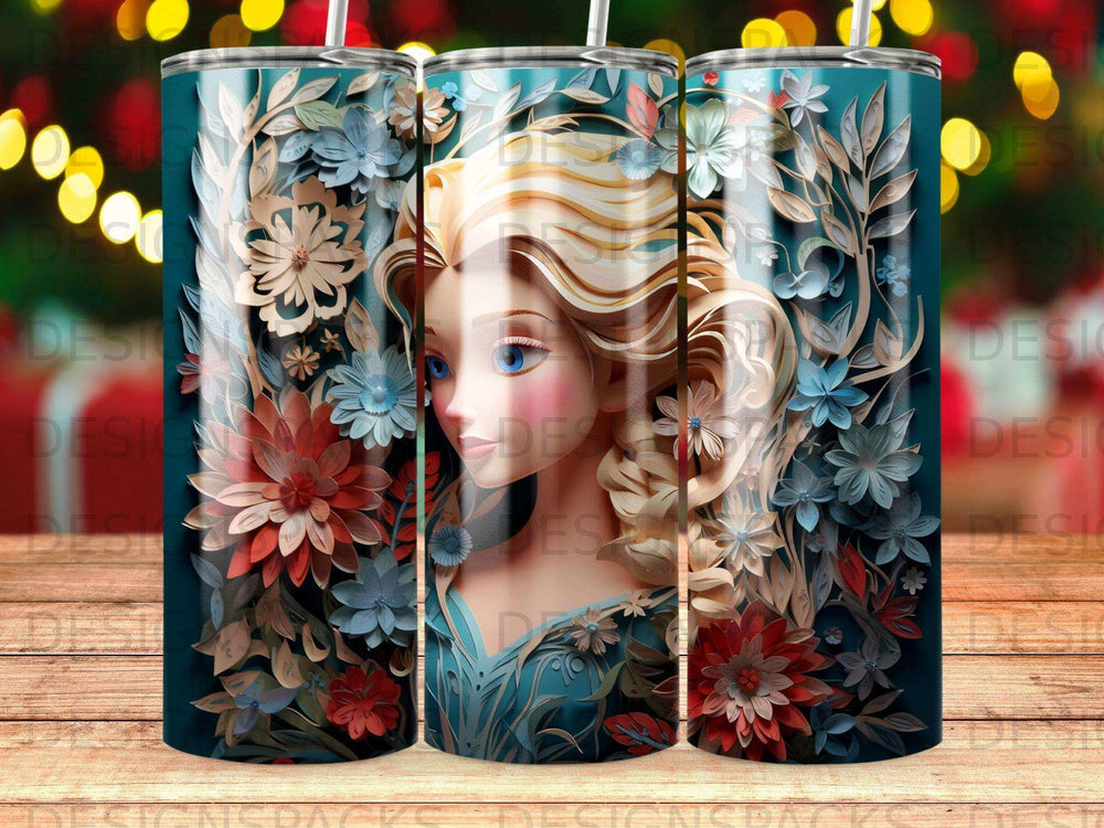 Elsa surrounded by floral elements and bokeh lights.