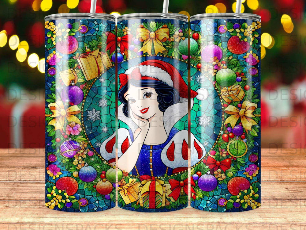 Snow White in Santa hat with festive ornaments, gift boxes, and garland border.