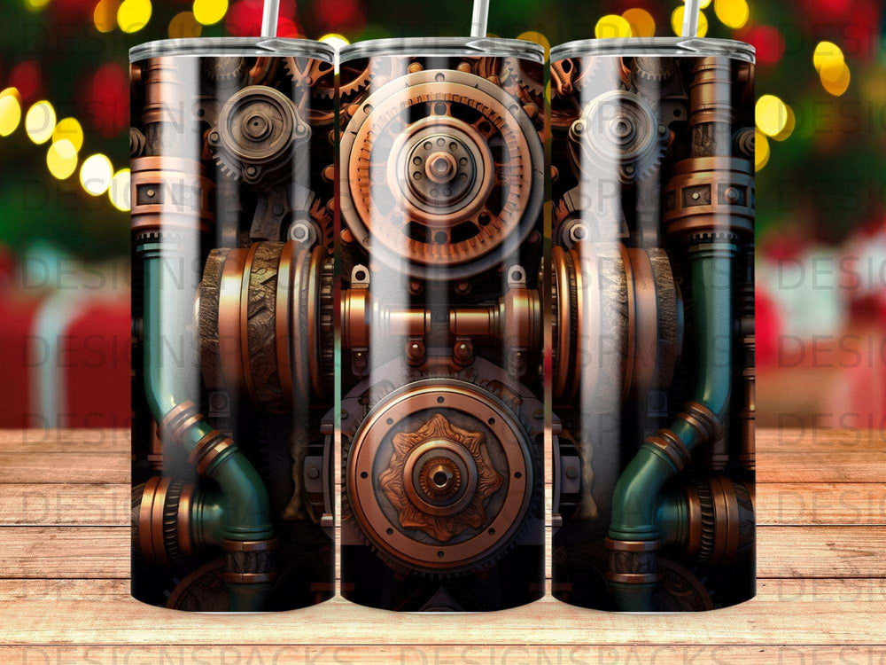 Steampunk gears and pipes on a cylindrical tumbler.