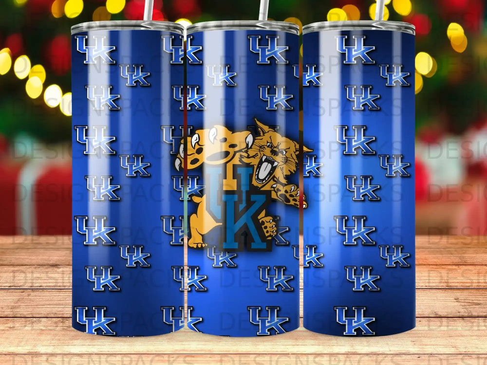 Blue tumbler with UK Wildcats logo and repeating blue K logo.