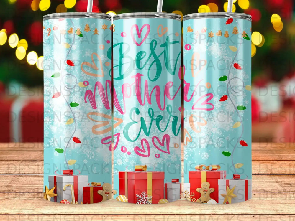 Tumbler with "Best Mother Ever" and snowflakes, surrounded by gift boxes.