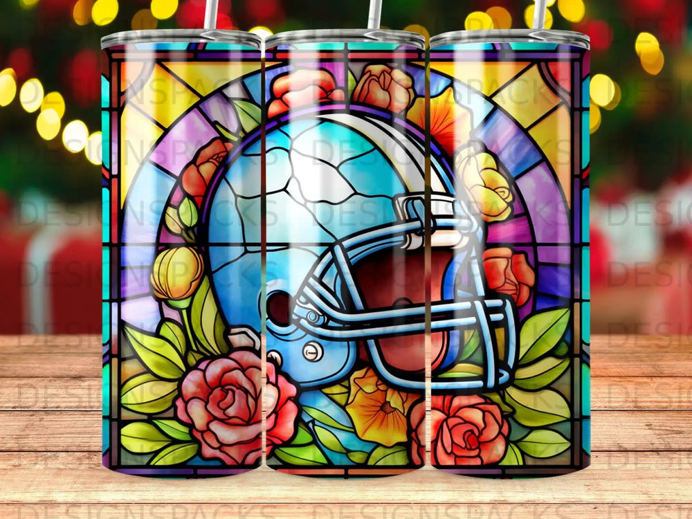 Blue football helmet with stained glass floral accents.