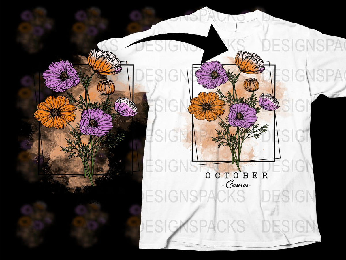 Floral October T-Shirt, Watercolor Purple Orange Flowers Tee, Botanical Art Top, Unique Daisy Design Fashion Clothing, Gift Idea