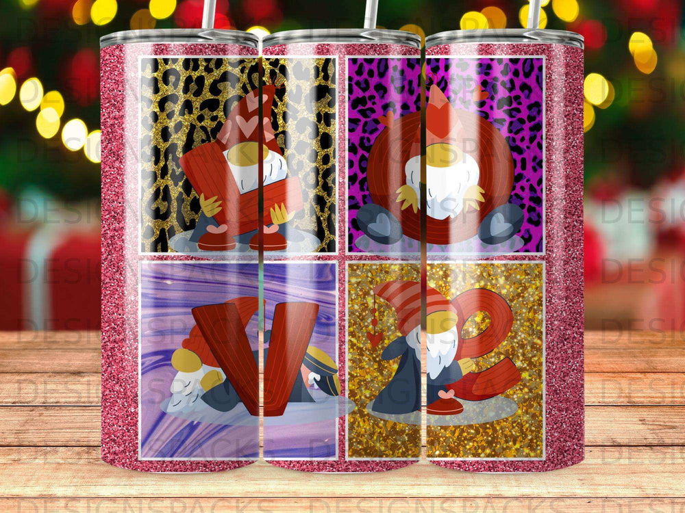 Four gnome designs with glitter and leopard print on tumblers.
