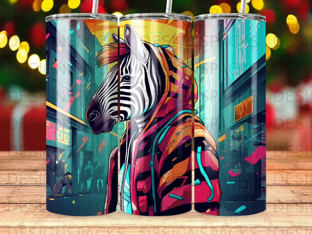 Zebra wearing a colorful hoodie in a futuristic city at night.