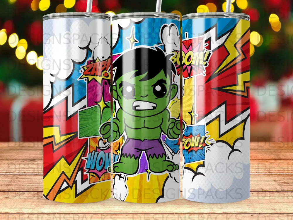 Hulk character on a tumbler with comic book style "Zap!" and "Boom!" text.