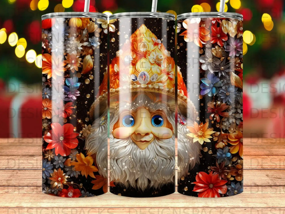 Gnome with crown and floral patterns on a tumbler.