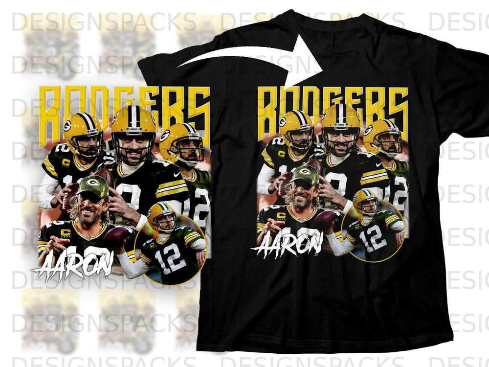 Green Bay Packers players Aaron Rodgers 12 on a black t-shirt.