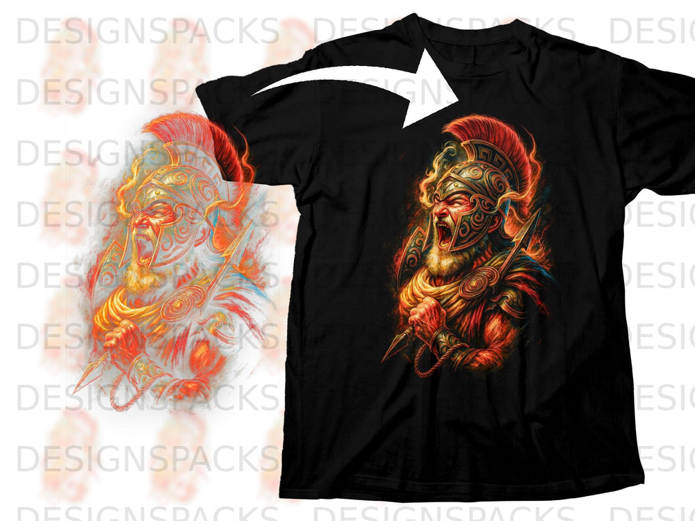 Black t-shirt featuring a fiery warrior in ornate armor and helmet.