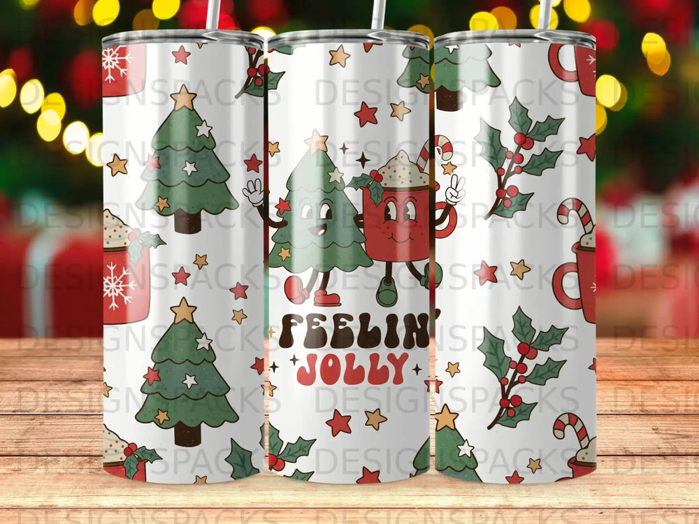 Christmas tumbler with cartoon mug, trees, candy canes, and text "FEELIN' JOLLY".