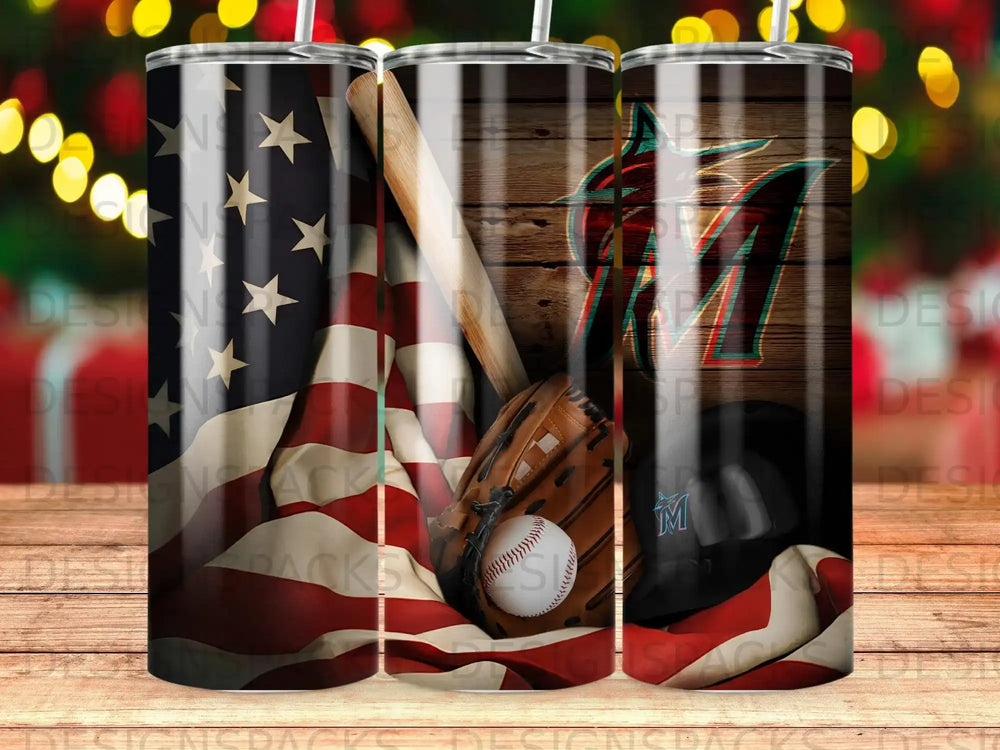 Marlins baseball team logo on a tumbler with American flag and baseball glove.