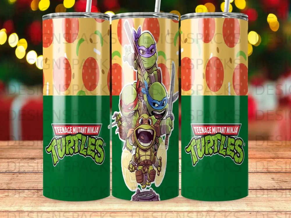 Teenage Mutant Ninja Turtles with pizza, repeating pattern on tumbler.
