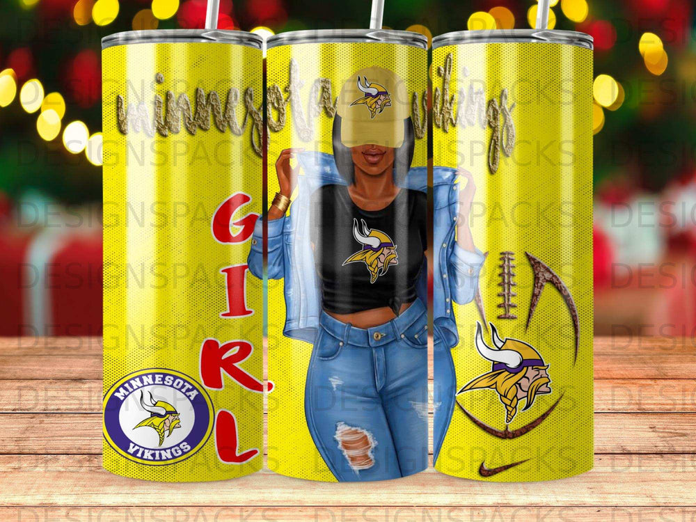 Yellow tumbler with Vikings logo and woman in denim jacket.