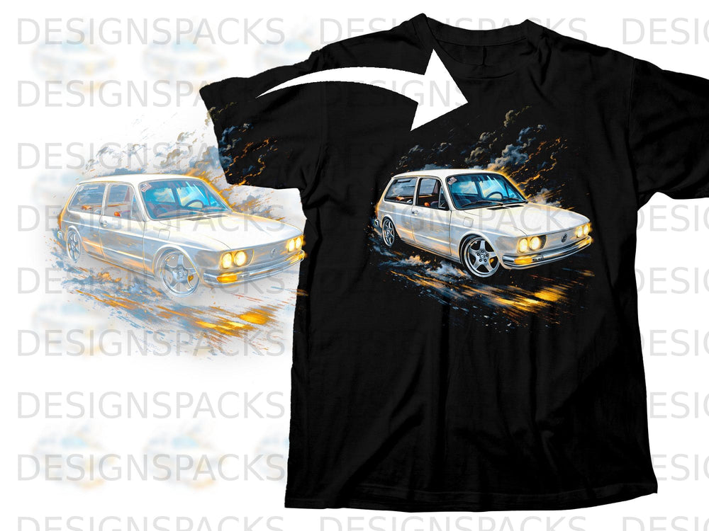 Black t-shirt with a graphic of a white Volkswagen Type 3 Fastback.