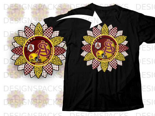 Sunflower graphic with Arizona State Sun Devils logo and helmet on a black t-shirt.