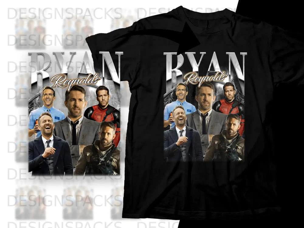 Collage of Ryan Reynolds in various movie scenes on a black t-shirt.