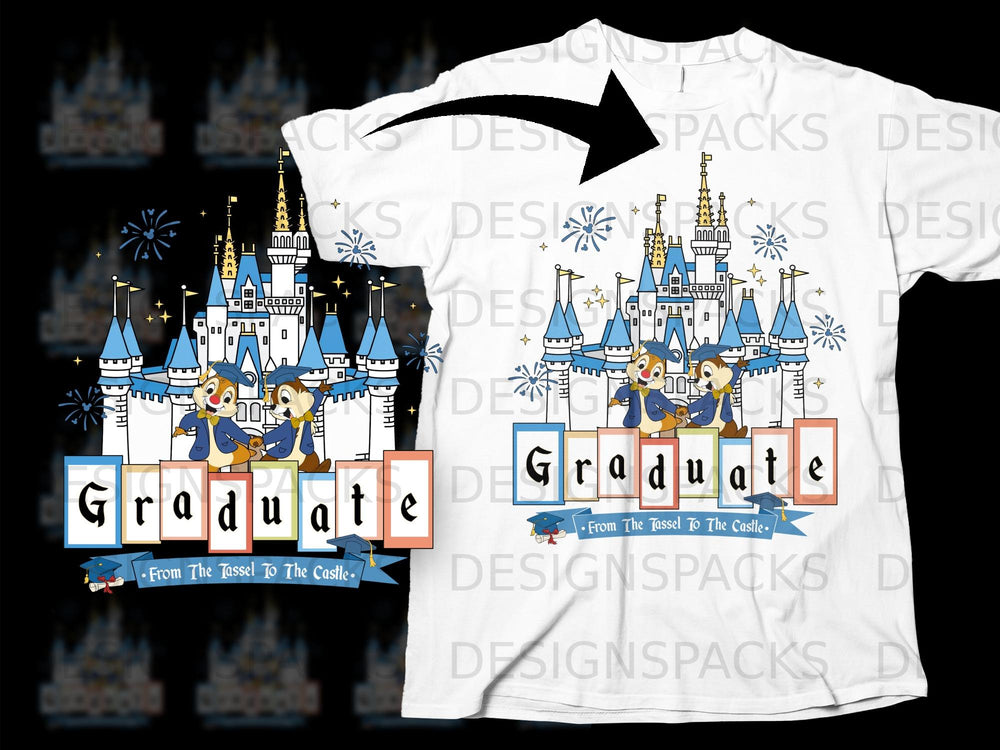 Chip and Dale wear graduation caps in front of a castle with "Graduate" text.