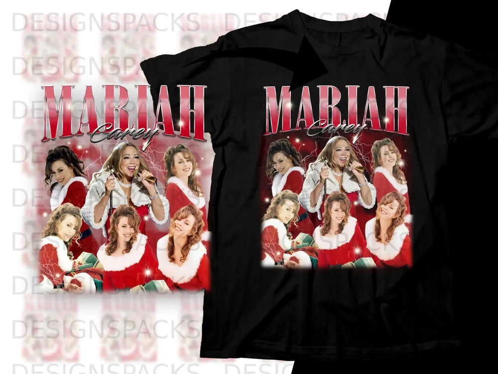 Mariah Carey collage graphic on black t-shirt.