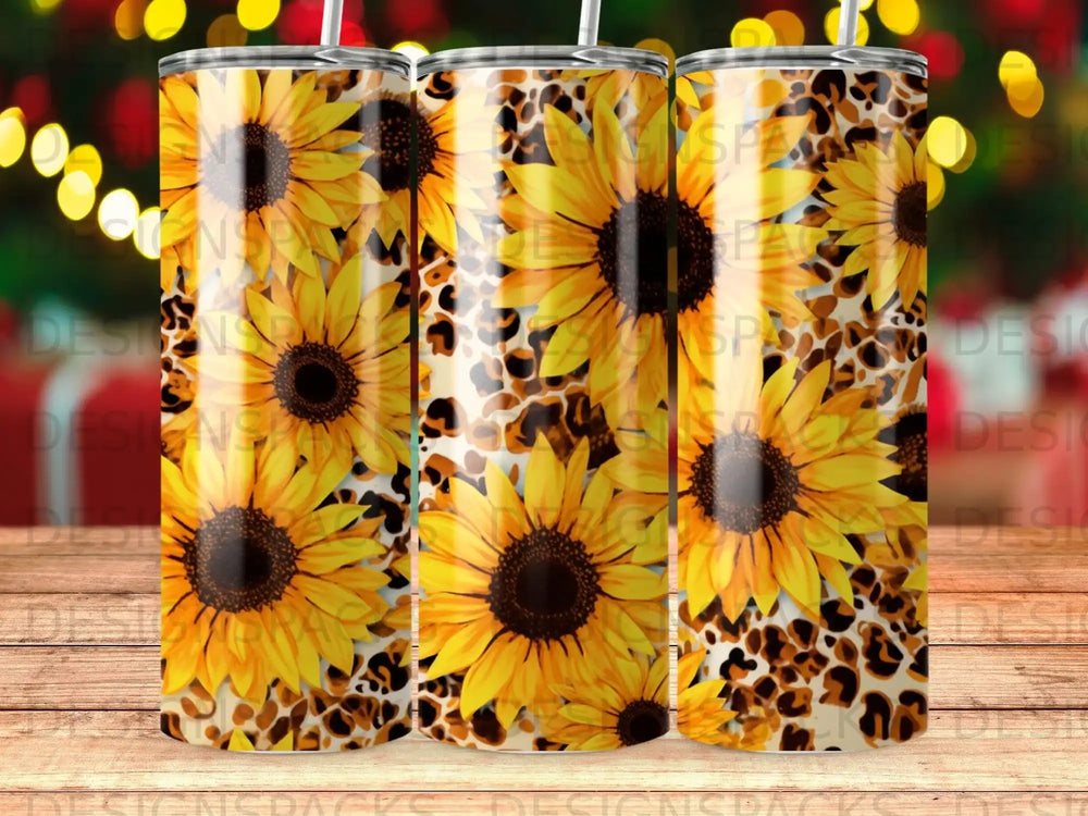 Sunflower and leopard print tumbler with a straw.