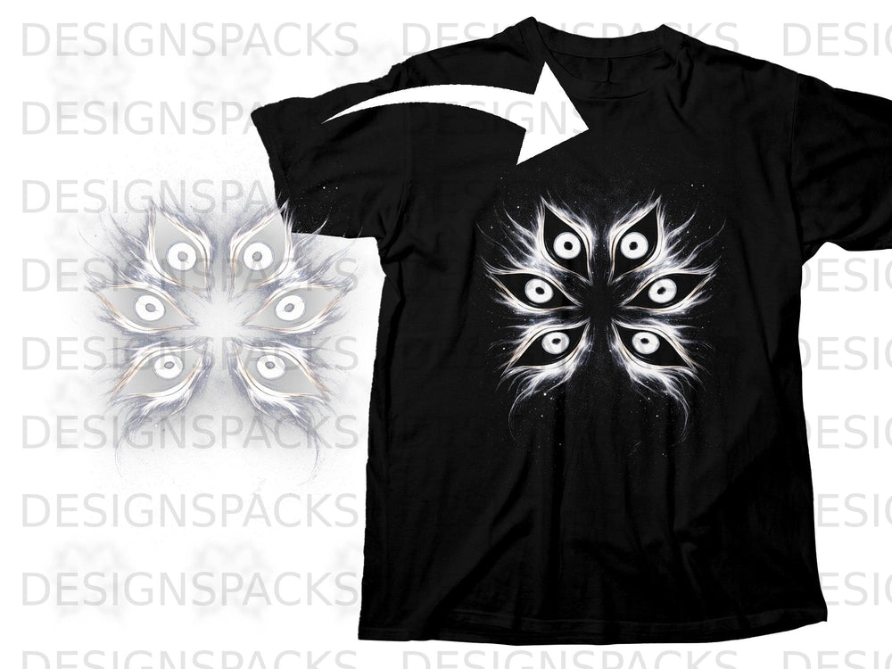 Black t-shirt with a radial design of seven white and gray eyes with dark pupils.