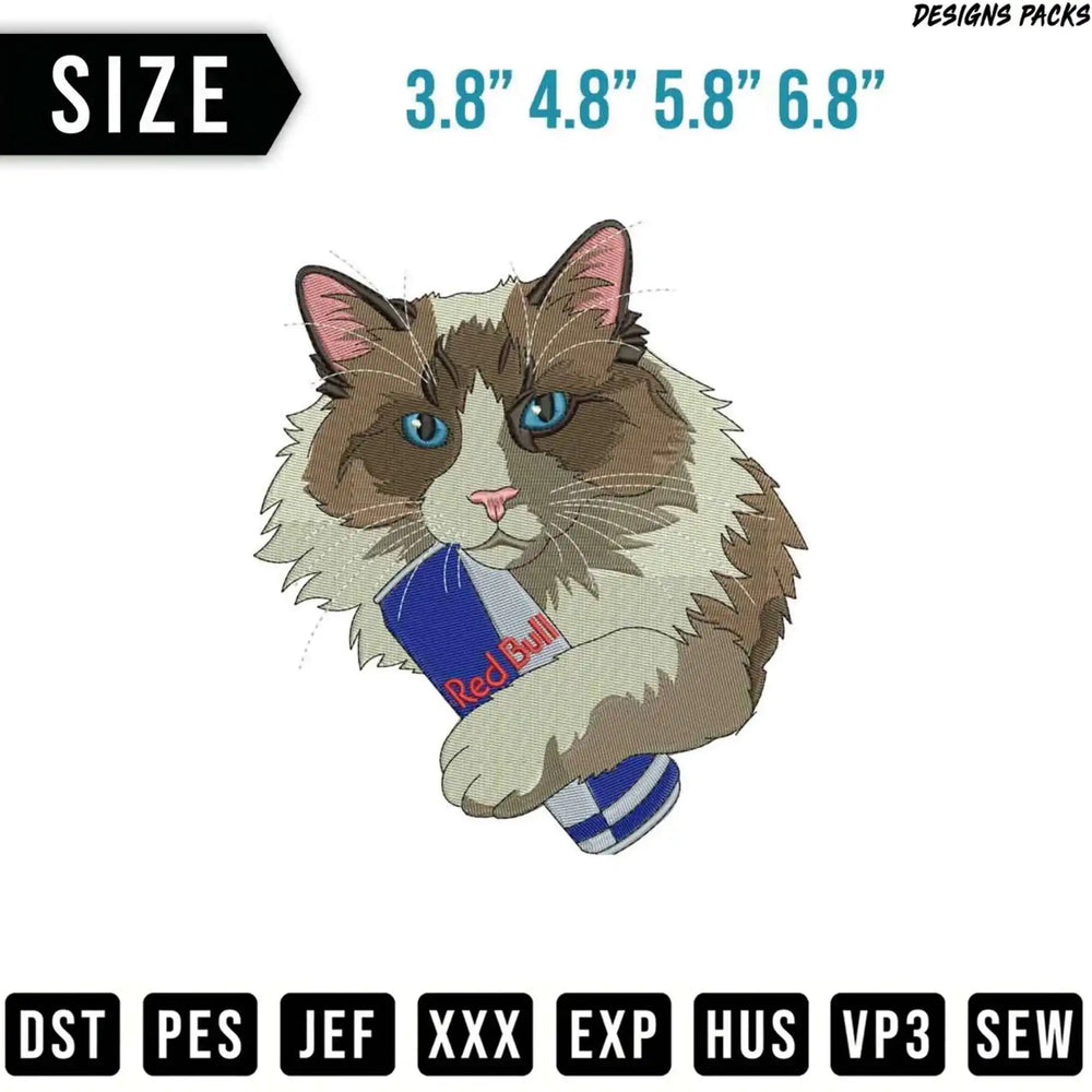 Embroidery design of a Siamese cat holding a Red Bull can.