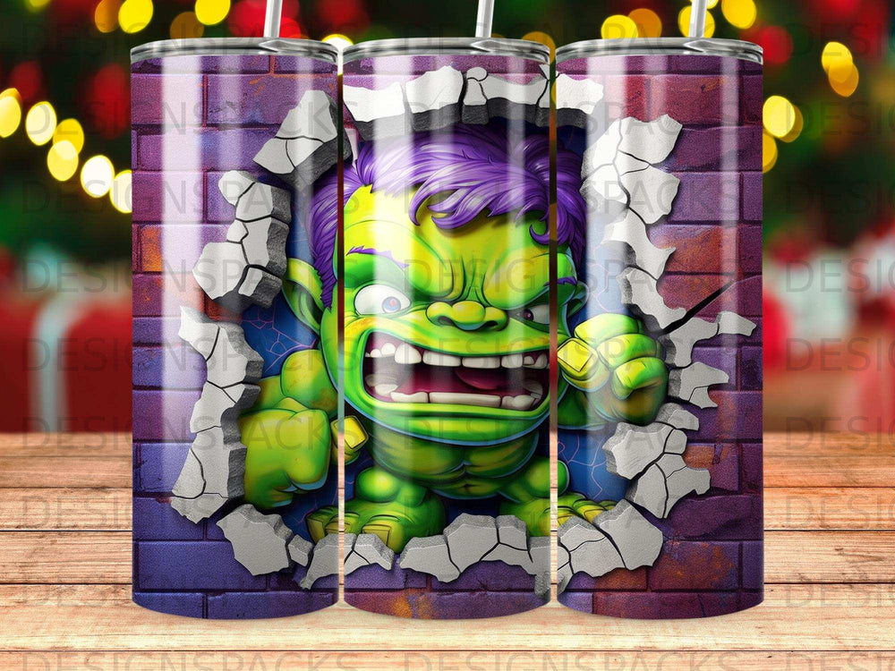 Hulk smashing through a purple brick wall with a determined expression.