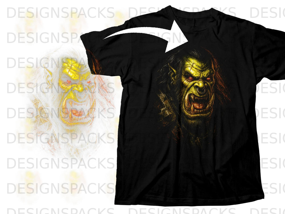 Black t-shirt featuring a detailed graphic of a fierce orc with red eyes and a nose ring.