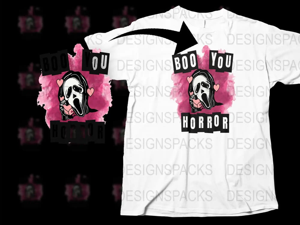Horror T-Shirt, Boo You Graphic Tee, Spooky Cartoon Ghost, Pink Black White, Unisex Clothing