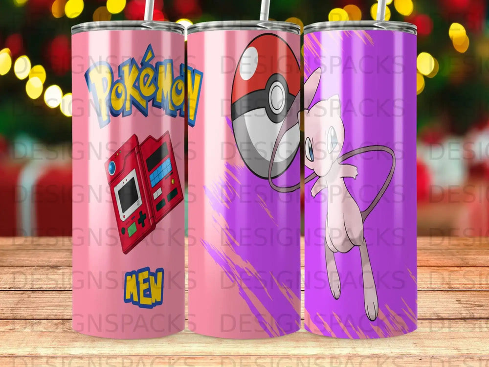 Three Pokémon themed tumblers: red Pokédex, Poké Ball, and pink Clefairy.