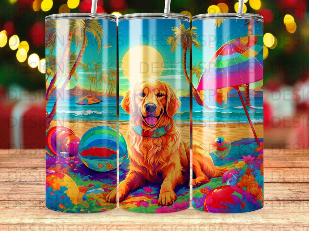 Golden retriever on a colorful beach with beach ball and umbrella.