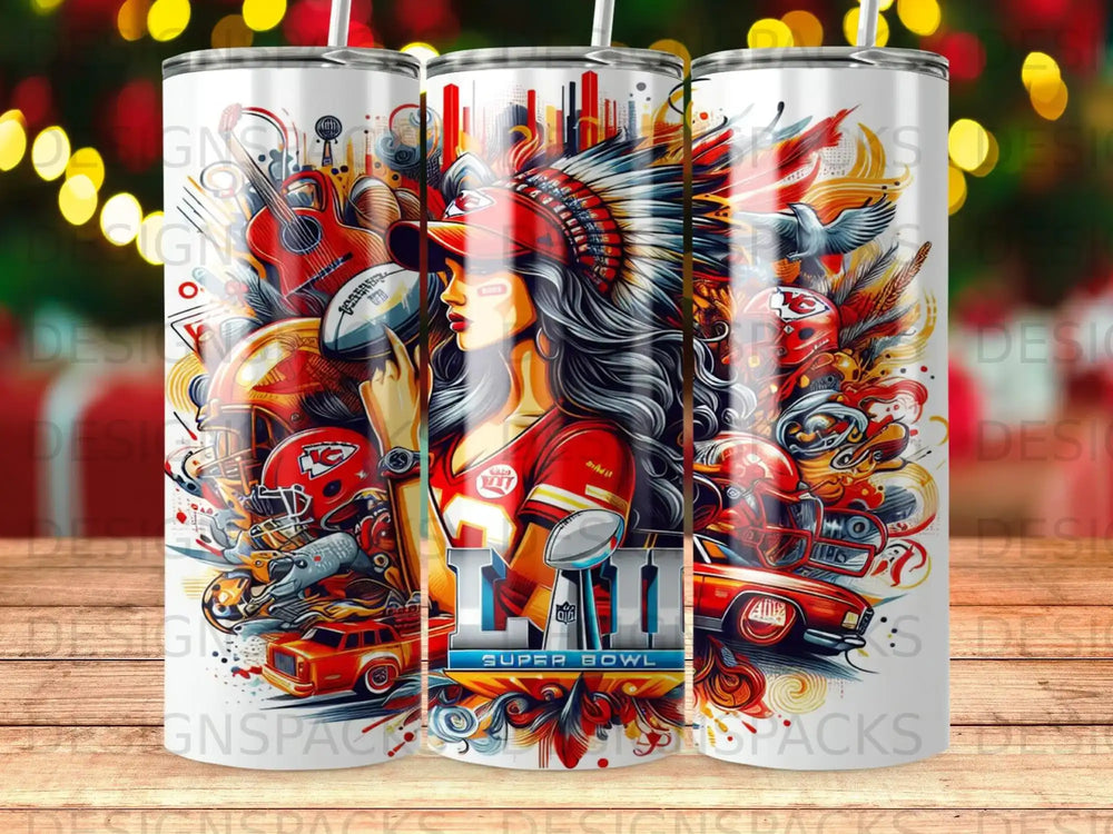 Super Bowl LVII tumbler with Native American woman and football elements.