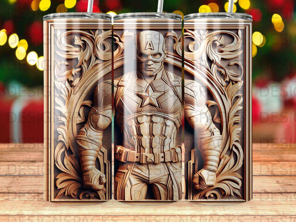 Captain America wood carving on a tumbler with bokeh background.