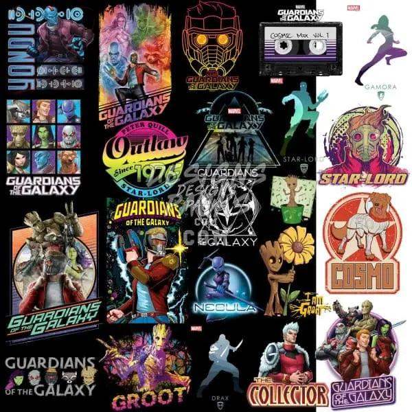 Guardians of the Galaxy DTF/DTG designs bundle featuring Groot, Star-Lord, Gamora, Drax, and Nebula print-ready graphics