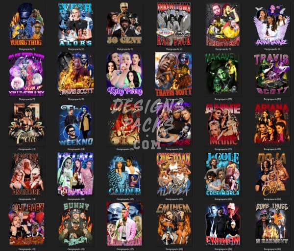 Print-ready DTF DTG designs featuring artists like 50 Cent, Travis Scott, Eminem, and more for t-shirts & merch