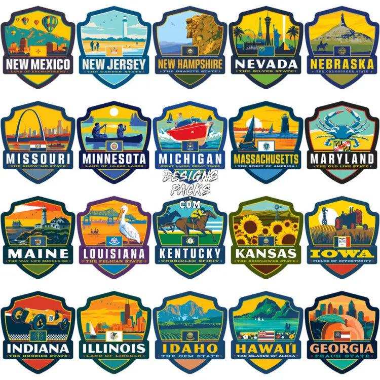 48 Usa Popular States Badges Style Designs Bundle Png