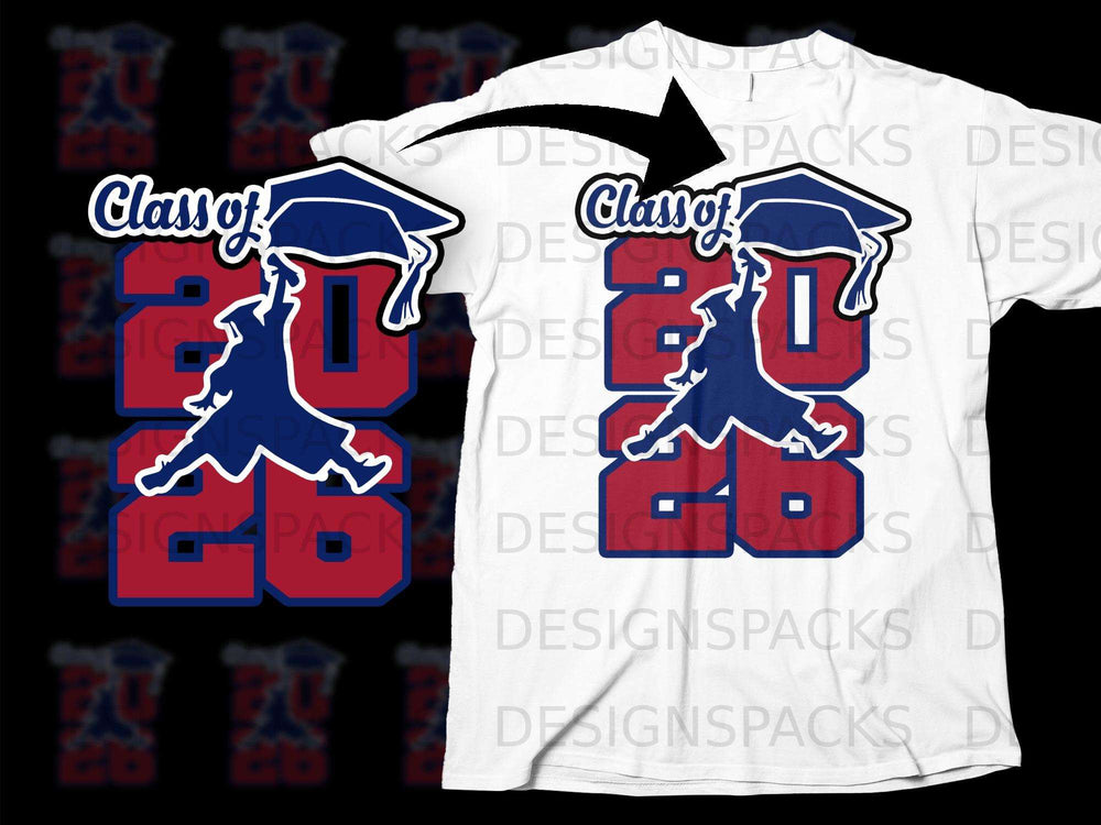 "Class of 2026" graphic with graduation cap and figure on a white t-shirt.