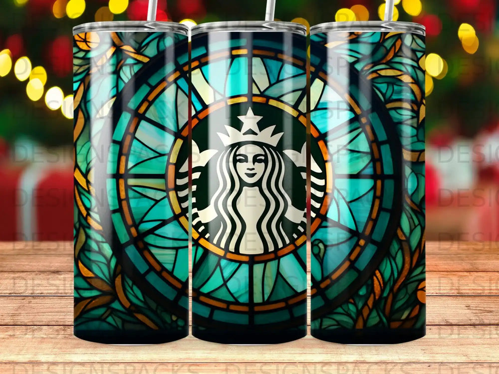 Starbucks siren logo on a stained glass background with bokeh lights.
