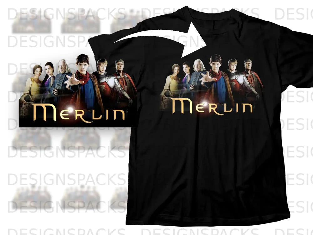 Merlin characters on black t-shirt.