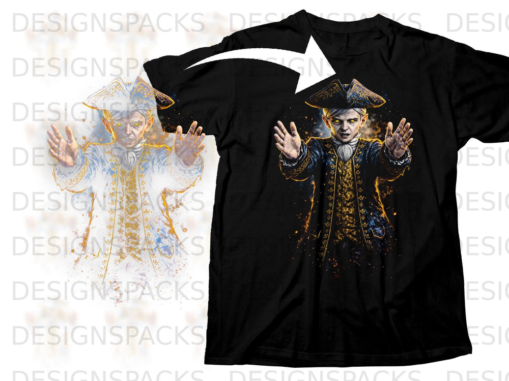 Black t-shirt featuring a portrait of a man in historical attire.