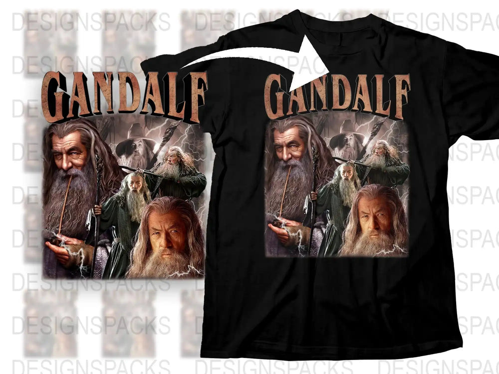 Gandalf Graphic T-Shirt, Wizard Movie Inspired, Unisex Fantasy Tee, Multiple Prints, Black Cotton Shirt