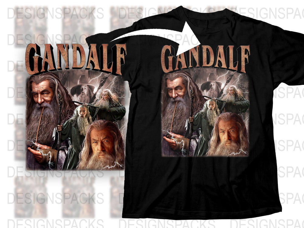 Gandalf Graphic T-Shirt, Wizard Movie Inspired, Unisex Fantasy Tee, Multiple Prints, Black Cotton Shirt