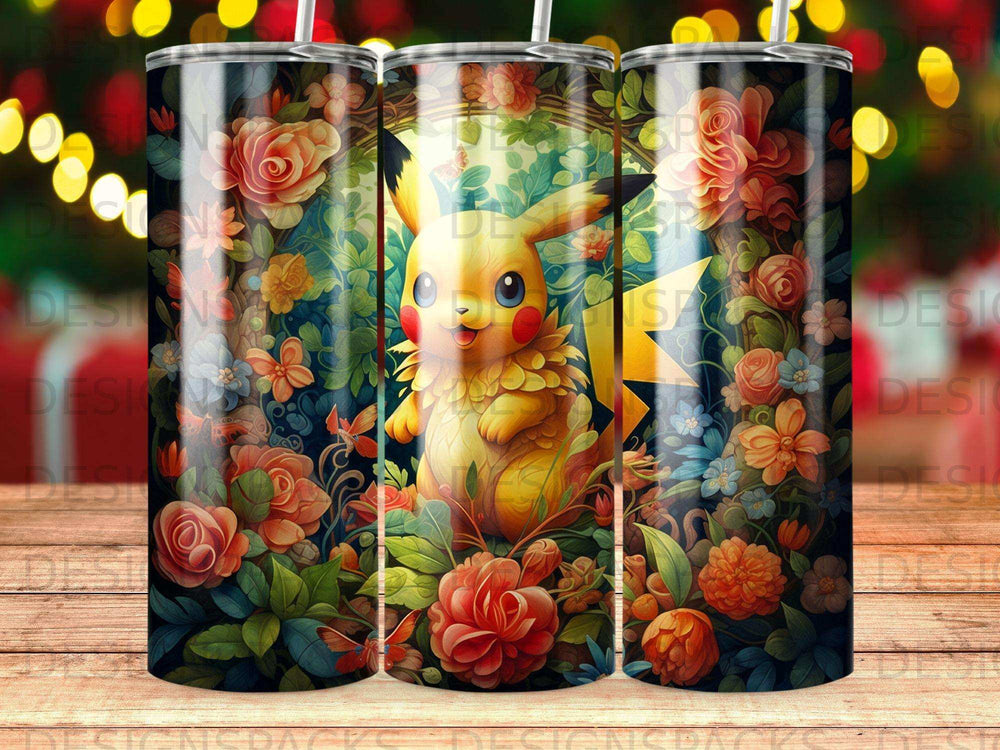 Pikachu surrounded by colorful flowers and foliage.