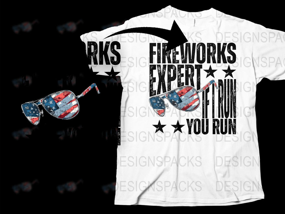 Fireworks Expert Funny T-Shirt, Patriotic 4th of July Tee, American Flag Sunglasses, Unisex Adult Humor Graphic Shirt