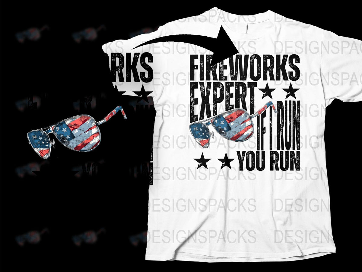 Fireworks Expert Funny T-Shirt, Patriotic 4th of July Tee, American Flag Sunglasses, Unisex Adult Humor Graphic Shirt
