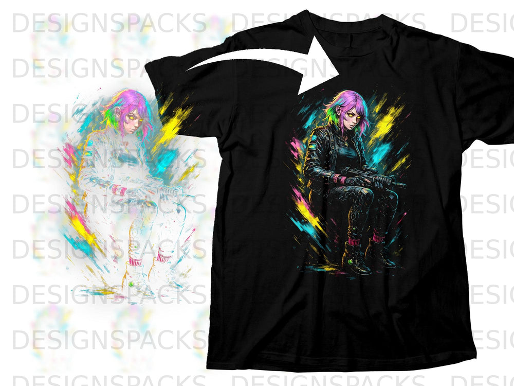 Black t-shirt with graphic of a woman with colorful hair holding a rifle.
