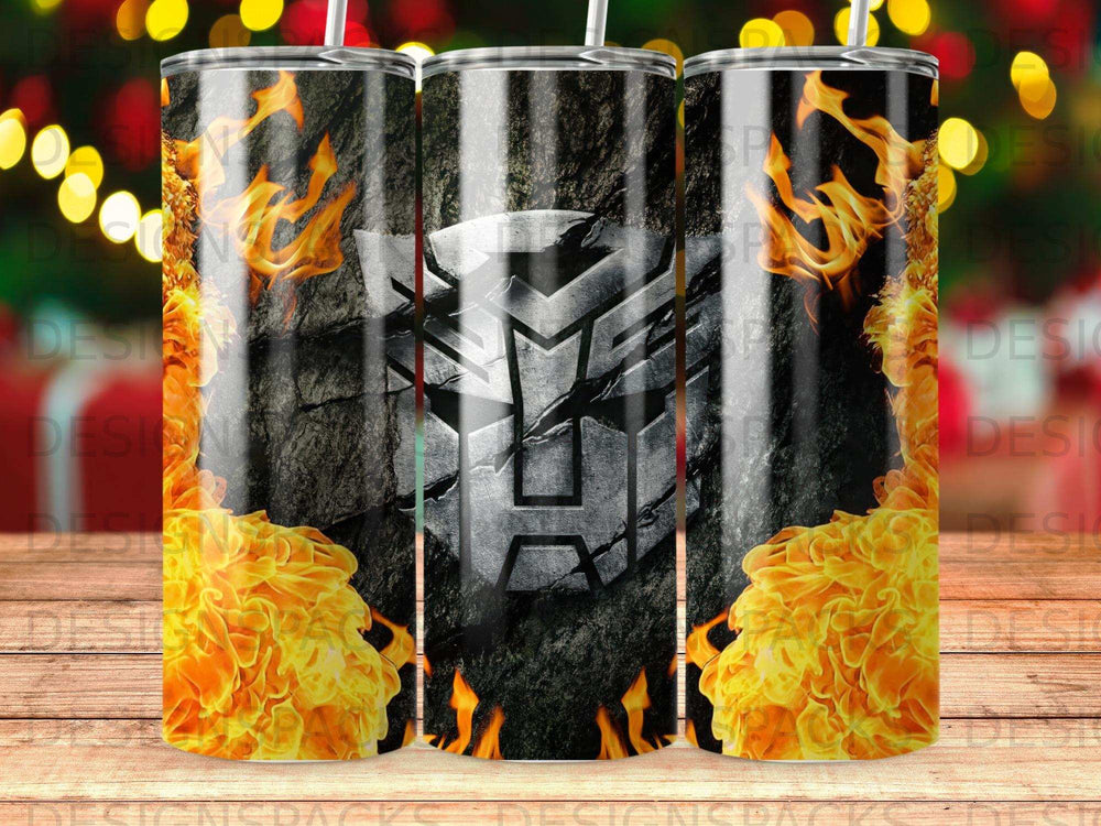 Transformers Autobot logo on a rocky, fiery background.