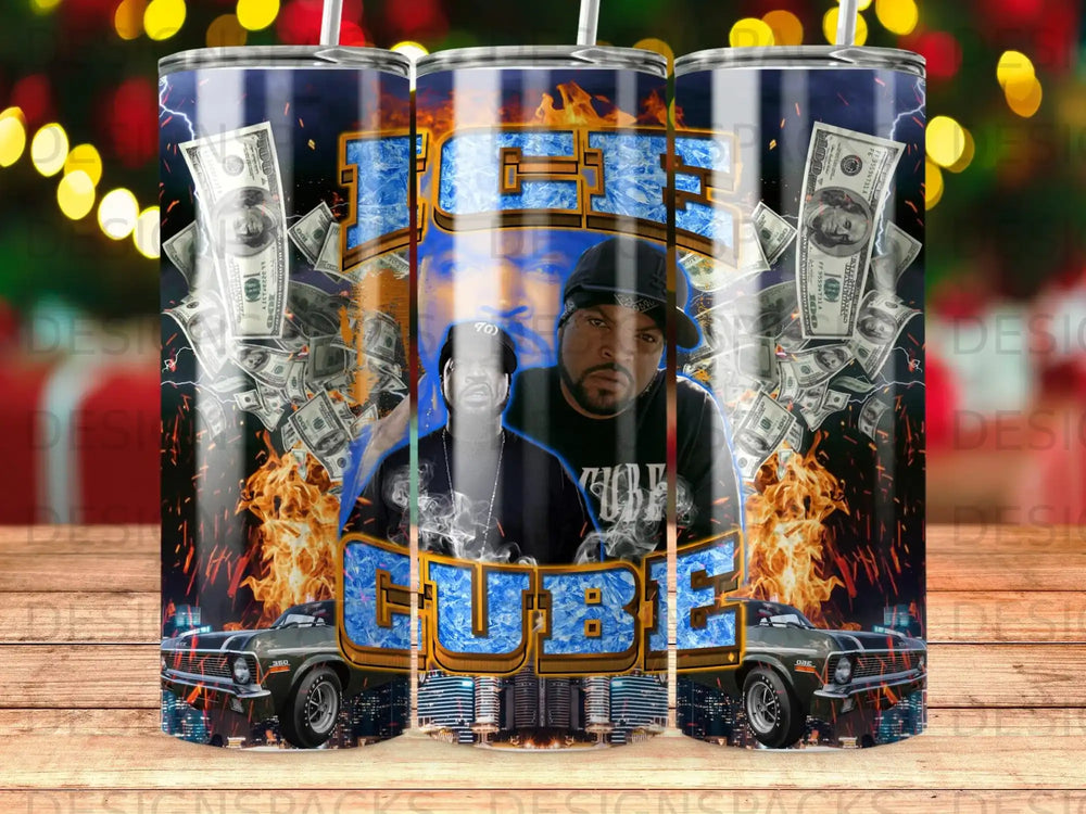 Ice Cube portrait with money, cars, and flames on a tumbler design.