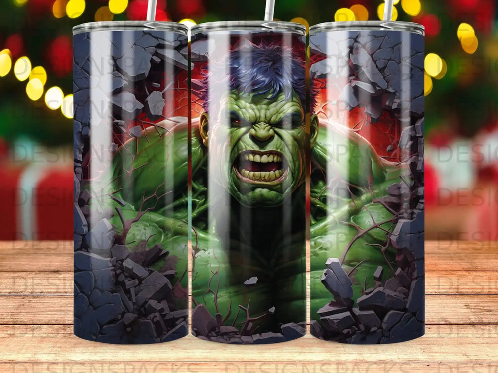 The Hulk bursting through a brick wall, angry expression.